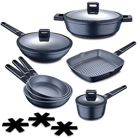 MasterPro Indigo | Batería de Cocina Completa de 10 Piezas | Aluminio Fundido | Incluye Sartenes, Wok, Parrilla, Cacerolas y Cazo con Tapas | Revestimiento Xylan Plus |Todo Tipo de Cocinas