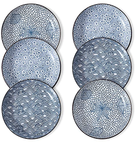 fanquare pastatallrikar, set med 6 keramik, blått och vitt porslin, 20,5 cm, mattallrikar, japansk salladstallrik, mikrovågsugnssäker och diskmaskinssäker