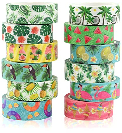 12 Rotoli Nastri Washi Hawaiana,Washi Tape Nastro Washi di Mascheratura Decorativo,Festa Estiva a Tema Tropicale Luau Adesivo Nastro per Arti Scrapbooking Fai da te Confezioni Regalo Decorazioni