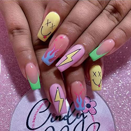Ceboic French Nägel Zum Aufkleben Mittel, Colorful Kunstnagel Sarg Press on Nails mit Flammen Smiley, 24Pcs Ballerina Acrylnägel Falsche Nägel für Frauen und Mädchen