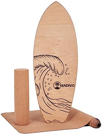 MADIVO Balanceboard 3in1 Set | Surfboard + Korkrolle + Korkmatte | Gleichgewichtstrainer Indoor & Outdoor | Balance Board aus Holz + inklusive Rolle und Matte | Surf Skateboard Koordinationstraining