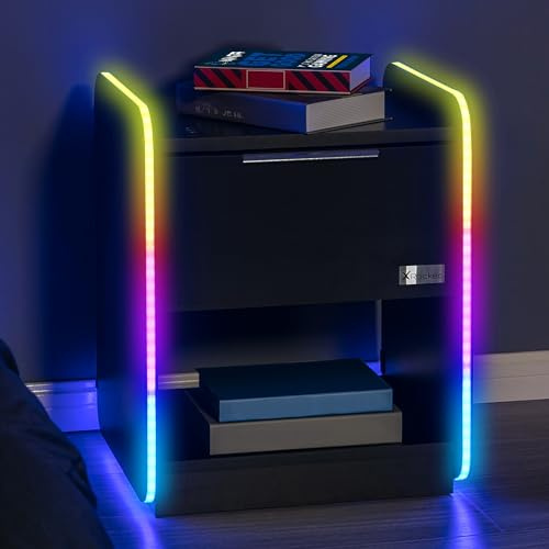 X-Rocker Electra 45cm x 40cm, RGB LED Bedside Table & Drawer - Neo Motion™ Sync App Controlled LED Lights, Wireless Charging, 1 Drawer, Storage Shelf, Durable Wooden Frame for Kids & Teens - Black