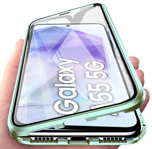 Orgsty för Samsung Galaxy A55 5G (6,6 tum) fodral, magnetiskt skyddshölje, framsida och baksida i härdat glas transparent skal i metall stötfångare 360 grader skal, grön