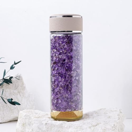 Healing Crystal Water Bottle Crystal Shattered Stone Water Bottle Borosilicate Double Layer Glass Insulated Bottle Energy Bottle (Amethyst)