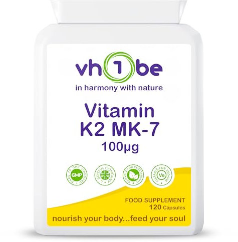 Vitamin K2 MK7 100mcg High Strength Bone Health Vitamin Supplement – 120 Vegan Capsules Made in UK, Supports Calcium Absorption & Bone Density | 100% Natural Vitamin K2 MK-7 by vh1be