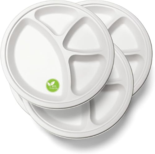 Piatti usa e getta in bagassa super rigidi, 28 cm, di alta qualità, 4 scomparti, biodegradabili, ecologici, perfetti per cibi caldi e freddi, pranzi e cene per feste di compleanno