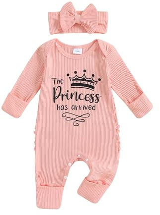 Qianderer Im New Here Newborn Outfit Baby Girl Fall Romper Letter Print Ribbed Long Sleeves Round Neck Full Length Jumpsuit with Headband (The Princess Has Arrived Pink, Newborn)