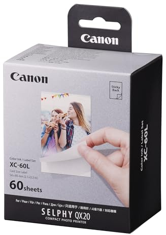 Canon XC-60L Farbband und Papierset mit 60 Blatt - Fotopapier für Canon Selphy QX20 Mini Fotodrucker - Selbstklebendes Stickerpapier - Farbband für lebendige Farbdrucke im Kreditkartenformat