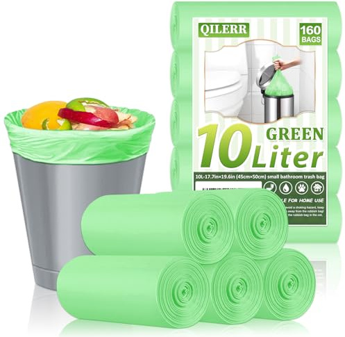Bolsas de basura pequeñas de 10 litros, 160 bolsas de basura de alimentos, bolsas de basura de pedal gruesas, forro verde para cocina, baño, inodoro, se adapta a cubos de pedal de 10 a 12 litros