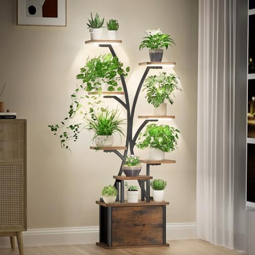 KELHOMECL Pflanzenständer mit Wachstumslicht - 9 Ebenen Blumenständer Metall Holz mit Schublade, 165cm Hoher Blumenregal für den Innenbereich, Pflanzenregal mit Licht für Drinnen, Garten und Balkon