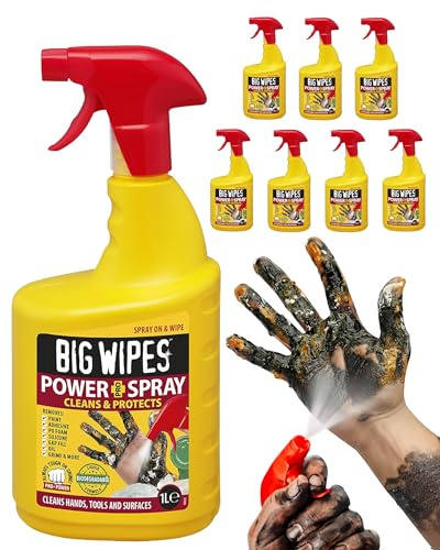 Big Wipes Power Spray Degreaser & Multipurpose Cleaner Spray - 8 Pack x 1L | For Hands, Tools & Surfaces & Kitchen Heavy Duty Formula, Fast-Acting, Removes Grease, Oil & Dirt Surface Cleaner