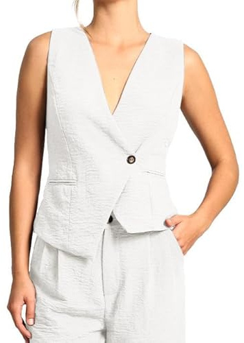 Amazhiyu Anzugweste Damen, Leinenweste Kurz Ärmellos Westen, V-Ausschnitt Leinen DamenWesten Vintage Sommer Weste, Knopfleiste, Regular Fit, Weiß, XL