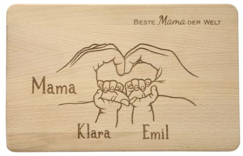KATINGA Personalisiertes Frühstücksbrett Mama | Ideal für Muttertag | mit Gravur für bis zu 4 Kinder (Herz-Hände)