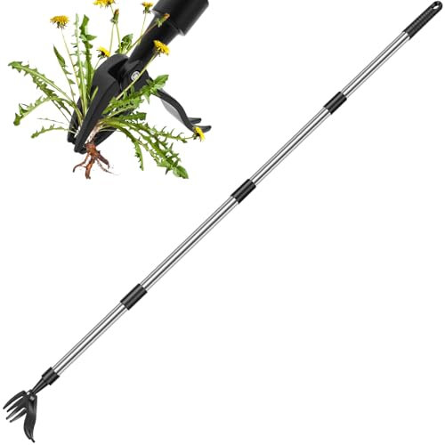 Weed Puller, 147cm Weed Root Remover Tool with Detachable Long Handle, Stand-up Manual Weeder Tool with Metal 4 Claws for Yard Lawn Patio Garden, Without Bending, Pulling or Kneeling