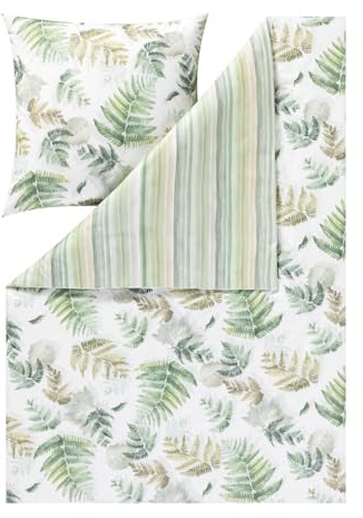 ESTELLA Bettwäsche Fern Leaves | grün | 135x200 cm + 80x80 cm | extra weich & wärmend|pflegeleicht & trocknerfest | ideale Winterbettwäsche | 100% Baumwolle