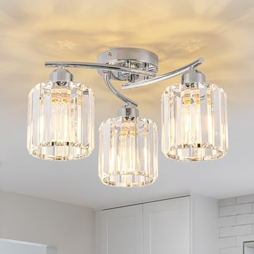 WILON Deckenleuchte Kristall, 3 Flammig mit Glas Lampenschirm, Weißchrom | E27 Deckenlampe, Moderne Lampen Glas für Schlafzimmer, Küche, Flur, Badezimmer [Energieklasse E]
