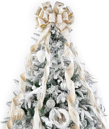 LATERN Champagne Gold Christmas Tree Topper Bow, 33CM x 135CM Large Velvet Christmas Bow Xmas Tree Top Hat with Streamer and Bauble Pattern for Christmas Tree Fireplace Wreath Door Home Decor