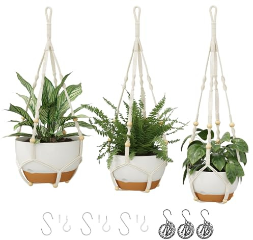 Bamworld Lot de 3 Suspensions pour Plantes en Macramé avec Arrosage Automatique, Support pour Plantes d’Intérieur et Balcon 28/23/20 cm avec Chaines et Dessous de Pots, Blanc