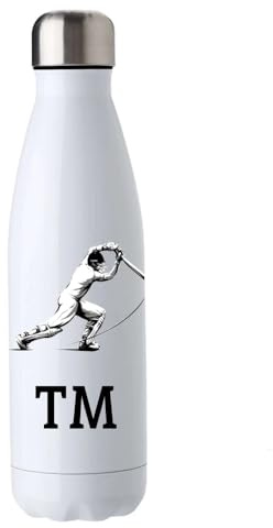 Personalised Custom Water Bottle Insulated Stainless Steel Sports Drinks (White, Cricket Player)