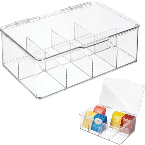 MOERAE Transparente Teebox mit 8 Fächern, Teepack Aufbewahrungsbox aus Kunststoff, Übersichtliche Tee Aufbewahrung, Platzsparend für Küche Schrank Schublade & Arbeitsplatte
