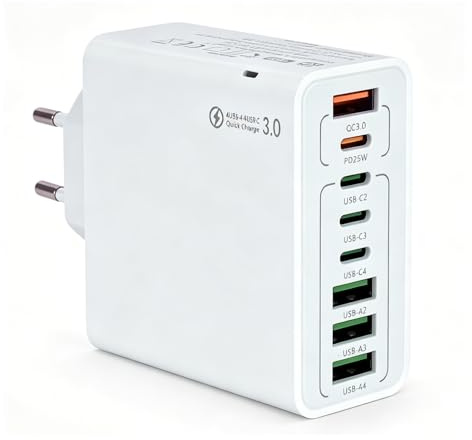 Chargeur Multiple USB C 120W 8 Ports avec 3 USB-C 3 USB-A QC 3.0 PD 25W | Chargeur USB Multiple Charge Compatible avec iPhone 16/15/14 Galaxy Huawei Tablettes, Maison Bureau, Prise Rapide Type C