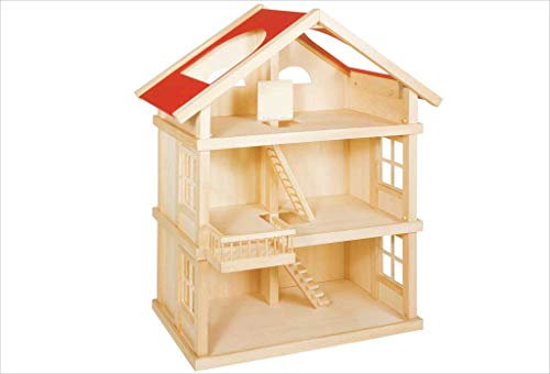goki 51957 Puppenhaus aus Holz, 65 x 35 x 87,5 cm – großes Holzpuppenhaus, 3 Etagen, offenes Design, rote Dachflächen, Treppen & Balkon für kreative Rollenspiele, Puppenhaus-Spielwelt