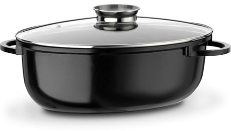 GSW 410588 Gourmet Ceramica Induktion Bräter XXL oval mit Aroma-Glasdeckel 10 L, Aluguss, schwarz gesprenkelt, 42 cm 4 Einheiten