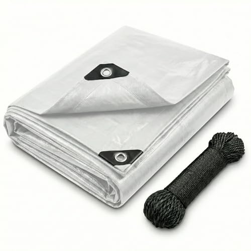 CoverUp! Abdeckplane 4x4 m Weiß (120 g/m²) – Wasserfest & UV‑stabilisiert, reißfest mit verstärkten Gummiecken & Alu‑Ösen, inkl. 18 m Seil – für Garten, Camping, Holz, Auto