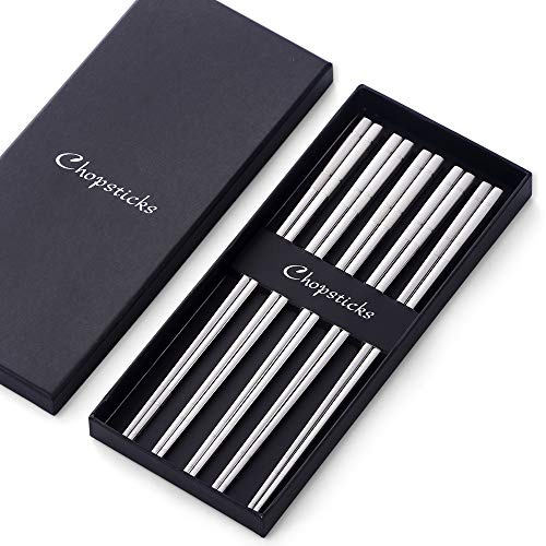 SBOMHS Chinesische Essstäbchen set Edelstahl Silber 5 Paar Sushi Stäbchen für Japanisch Koreanisch Chopsticks Metall 23,4cm Länge essstäbchen spülmaschinenfest gut Geschenk für weihnachten/geburtstag