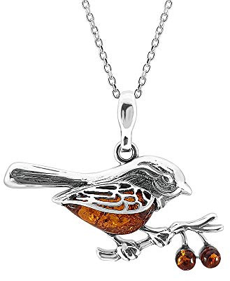 Kiara Jewellery 925 sterling silver röd Robin hänge halsband på en gren infälld med brun baltisk bärnsten på 45 cm sterling silverkedja, Sterlingsilver, Amber