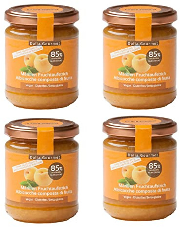 Dalia - Composta di frutta 85% | Senza aggiunta di zuccheri con ERITRITOLO - STEVIA | Prodotto artigianale italiano | 4 pezzi da 220 g | Albicocche