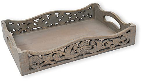 GoCraft Handmade Wooden Tray with Handles, Serving Tray for Breakfast in Bed, Coffee, Tea, Snacks, Lattice Design, Ottoman Tray, 15 x 10 x 3, Rustic