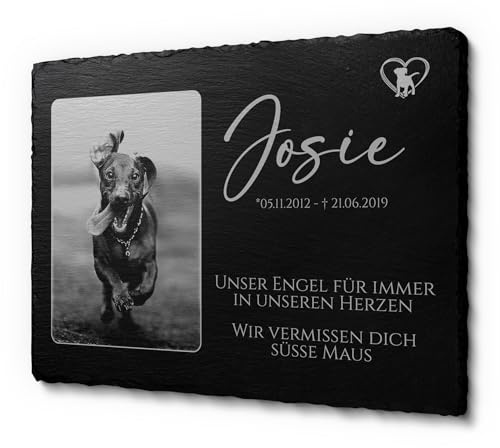 CHRISCK design Schiefer Grabstein Hund o. Katze mit Gravur - Schieferplatte Gedenkstein für draußen - Tiergrabstein für Haustiere - Andenken an verstorbenes Tier