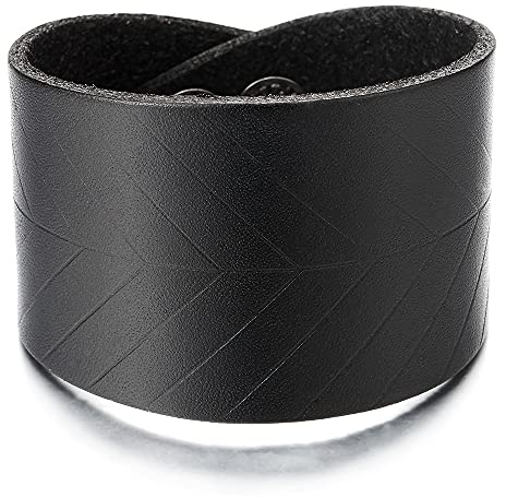 COOLSTEELANDBEYOND Herren Damen Schwarz Lederarmband Breites Leder Schweißband Echtes Leder mit Blattvene Muster, Druckknöpfe