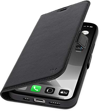 WIIUKA Hülle für iPhone 13 Pro, Lederhülle mit Vier Kartenfächern, extra Dünn, Premium Leder, Handyhülle mit Standfunktion, Tasche Schwarz