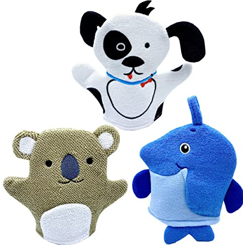 Baby-Waschhandschuh mit kleinem Schwamm – niedliche Tier-Designs Kinder-Waschlappen, Handschuh, Kinder-Badehandschuh für die Reinigung der Haut (Pinguin, Koala, Hund), 3 Stück