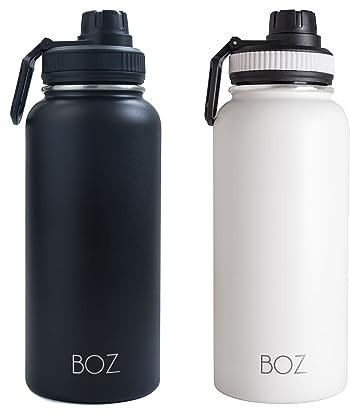 BOZ Trinkflasche Edelstahl – Trinkflasche Edelstahl 1l – Auslaufsichere Thermosflasche 1l – BPA-freie Isolierflasche – Trinkflasche Kohlensäure geeignet – Trinkflasche für Sport (Schwarz/Weiss)