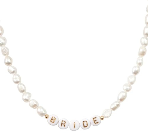 xo, Fetti Bride Freshwater Pearl Beaded Necklace, 14 Choker, Gold Letter Beads Jewelry | Bachelorette Party Decorations, Bridesmaid Gift, Bridal Shower, Wedding