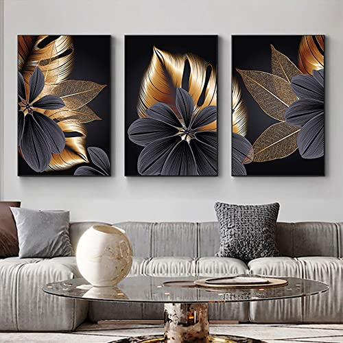 JLCZBT 3 Stück Schwarz Golden Pflanzenblatt Bild Wandbild Print Bilder Kunstposter Deko für Wohnzimmer Schlafzimmer Ohne Rahmen (60 x 90 cm)