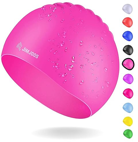 JIMJOOS Kids Swimming Cap 3–14 Years - Silicone Swim Cap for Boys & Girls - Anti-Slip, Stretchable, Waterproof Swimming Hat - Durable, Odour-Free Swim Hat with Protective Pouch (PINK, 3-8 Years)