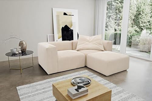 DOMO. collection Ecksofa Malia, L-Form 3 Module, Beige | Cord-Modulsofa in L-Form 3 Module mit 2 Ecksesseln und Polsterhocker, flexibel kombinierbar, 216 x 193 cm