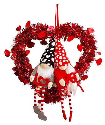BFYDOAA Valentines Day Heart Wreath Red Tinsel Wreath Front Door Gnome Doll Wreath Lighted Love Ornament for Wedding Engagement