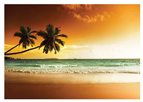 Fototapete Strand und Meer Palmen 3D Effekt Sonnenuntergang - inkl. Kleister - für Wohnzimmer Schlafzimmer Flur Vlies Tapete Wandtapete Vliestapete Motivtapeten Montagefertig (416x254 cm)