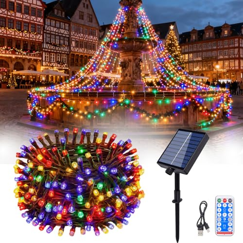 Hopelit Solar Lichterkette Aussen 30M 300 LED Bunt mit Fernbedienung und Timer, 8 Modi, Lichterkette Außen Solar für Gartendeko, Terrassen, Halloween, Weihnachtsbaum, Party, Etc