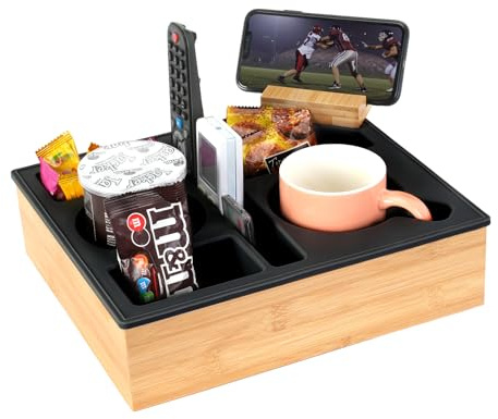 Couch Cup Holder Tray, Hitseon Silicone Bamboo Couch Caddy with Rotatable Phone Holder for Bed Car Seat Organizer, Waterproof Anti-Spill Couch Drink Holder for Snacks Beverage Remote (Black)