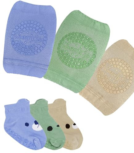 Simply Kids Anti-Rutsch Baby Knieschoner und Socken Set zum Krabbeln und Gehen (6 Paar, 6-18 Monate) I Kleinkindsocken mit Griffen und Krabbelknieschützern für Säuglinge Jungen Mädchen, Jungen, S