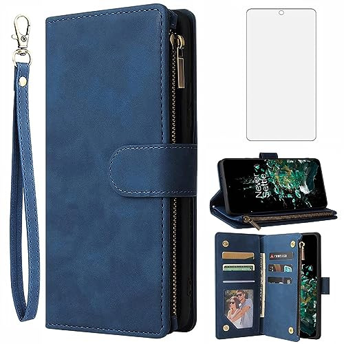 Asuwish Compatible with OnePlus 10T 5G/One Plus Ace Pro Wallet Case and Tempered Glass Screen Protector Leather Flip Cover Card Holder Cell Phone Cases for On 1Plus 1 + Plus10T 1+ AcePro Women Blue