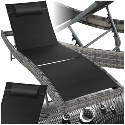 tectake® Modern Sun Lounger with 6-Position Backrest, Breathable Mesh Fabric, UV-Resistant Polyrattan, Sturdy Steel Frame, Head Cushion & Non-Slip Feet - Pool, Beach & Garden Chair - Mottled Grey