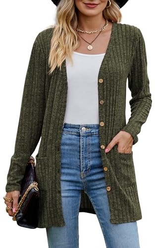 MYCOLORBLUE Alte Zeiten Strickjacken für Damen Elegant Cardigan Gerippt Langarm Knopfleiste mit Taschen Strickcardigan Armeegrün M