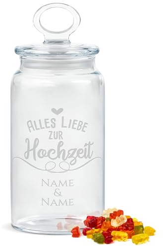 Print Royal PR Personalisierte Keksdose aus Glas mit Gravur zur Hochzeit - 1100 ml - Alles Liebe mit Namen als Geschenk zur Hochzeit | Personalisiertes Geschenk